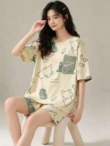 AICJ 2pcs Women Cute Bear & Colorblock Print Pajama Set, Casual Short Sleeve Round Neck T-Shirt And Shorts Sleepwear, Suitable For Spring And Summer Casual Wear - Mint Green - View 1