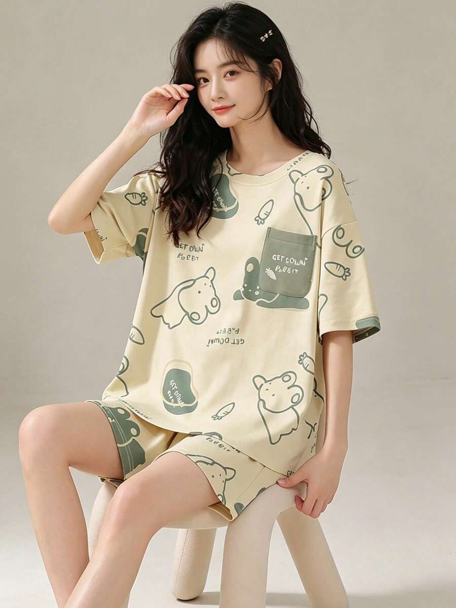 AICJ 2pcs Women Cute Bear & Colorblock Print Pajama Set, Casual Short Sleeve Round Neck T-Shirt And Shorts Sleepwear, Suitable For Spring And Summer Casual Wear - Mint Green - View 1
