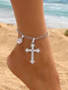 1pc Silver Cross Square Bead Anklet, Suitable For Women's Daily Wear, Dating, Party - Silver - View 13