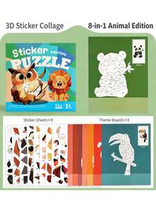 Kids Quiet Activity Sticker Kit Ages 3+ - 3D DIY Collage Craft With Animal & Vehicle Patterns | Travel Busy Toy For Fine Motor Skills - Multicolor - View 9