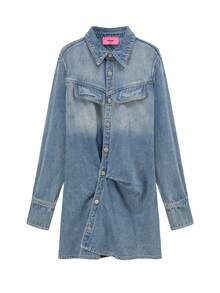 CHUU Single-Breasted Lapel Dress Women Autumn Asymmetrical Long Sleeve Chic Denim Mini Skirt - Blue - View 9