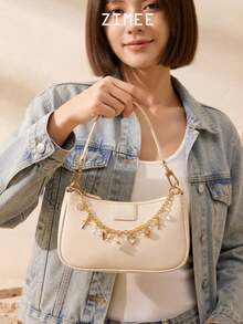 Y2K Style Butterfly & Flower Bag Charm, Rhinestone Heart Wallet Pendant, Cute Metal Chain Handbag Accessory - Multicolor - View 3