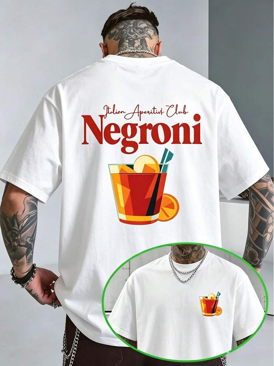 Camiseta de manga corta para hombre con diseño ilustrado de bebidas del club italiano de aperitivos Negroni, adecuada para uso diario. - estilo1 - Ver 1