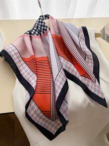 1pc Women's Vintage Houndstooth Diagonal Striped Small Square Bandana, Colorblock Geometric Patchwork Satin Silk Scarf, Versatile Necktie Hairband Bag Tie, Commuter Office Chic Outfit Accessory - Multicolor - View 10
