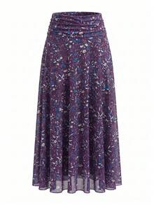 Rok Lipit Kasual Serbaguna untuk Pakaian Sehari-hari dengan Motif Cetak Seluruh Permukaan untuk Wanita - Purple - View 7