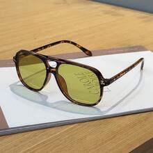 1 Pair Men's Leopard Print Aviator PC Frame Retro Personalized Double Bridge Fashionable Streetwear Fashion Glasses - Green Flower Bag - View 3