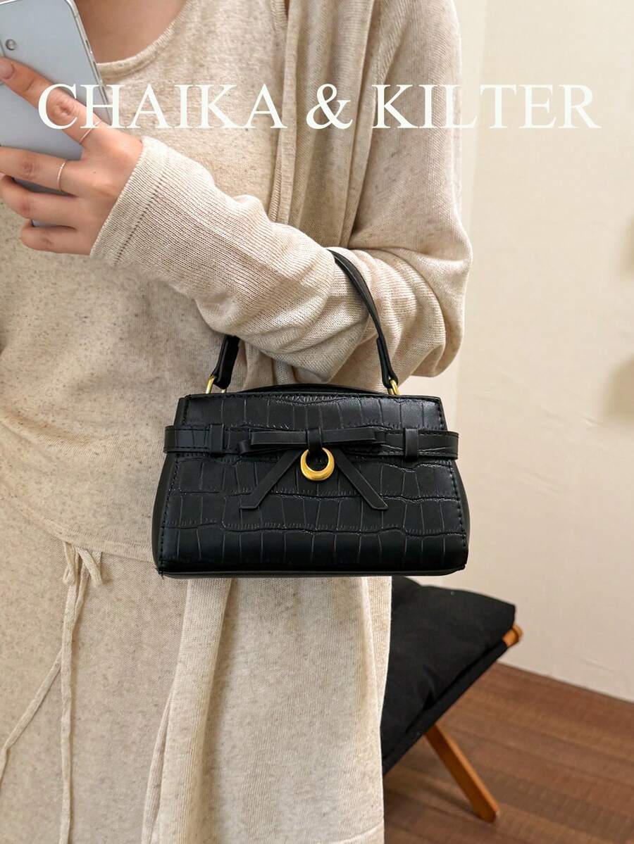 New Summer Lychee Texture Women's Handbag, Fashionable Shoulder Strap Decor Adjustable Crossbody Bag, Full Body Stone Texture Lace-Up Bow Minimalist Solid Color High-End Metal Decor Shoulder Commuter Bag