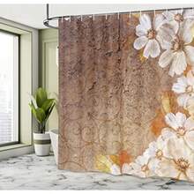 Grunge Shower Curtain, Flowers And Leaves Pattern On Cracked Wall With Floral Lines Classic Design, Cloth Fabric Bathroom Decor Set With Hooks, 70" L - White Brown - View 4