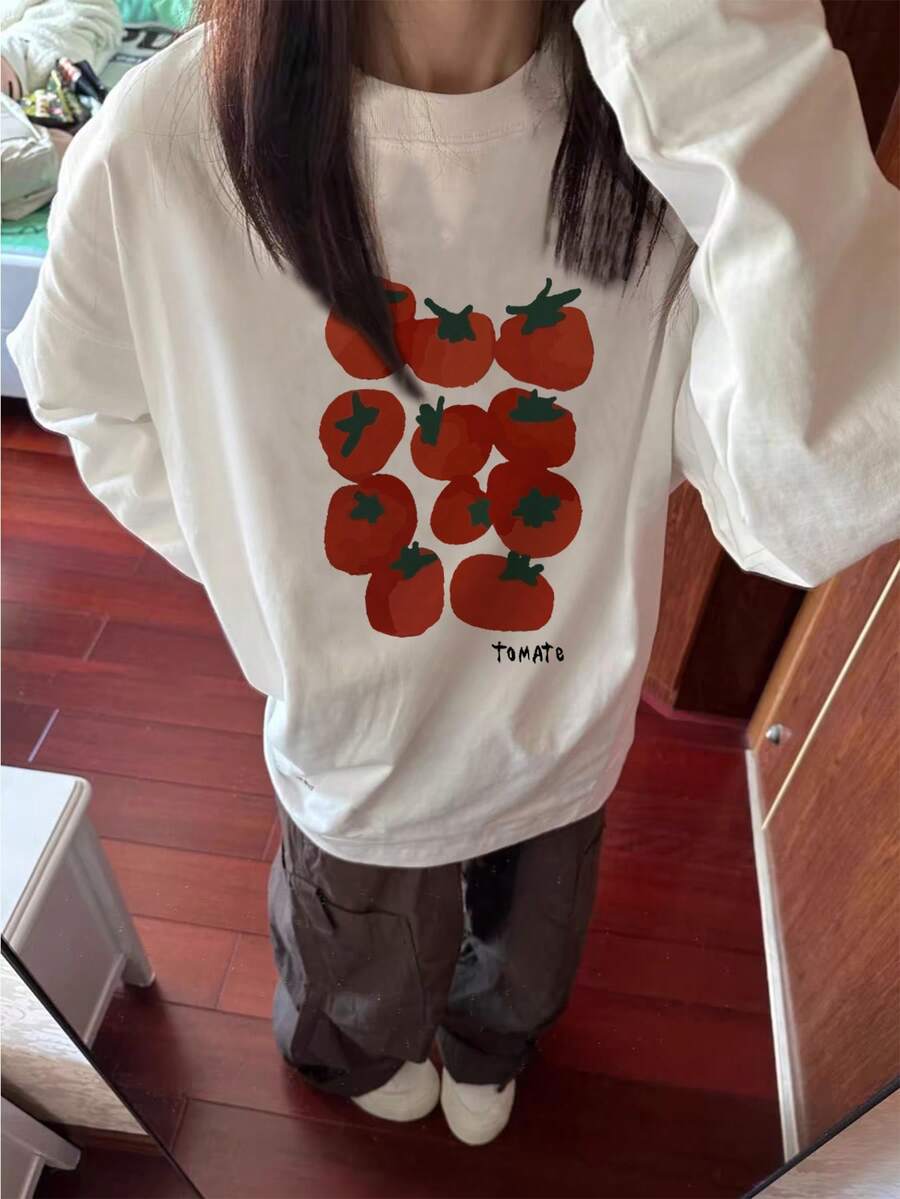 Women's Spring/Autumn Loose Fit Cartoon Letter Tomato Print Long Sleeve T-Shirt White - White - View 1