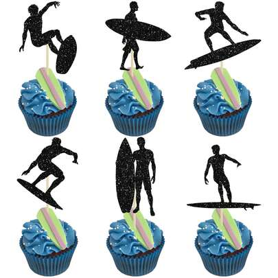 12pcs Paper Cupcake Toppers, Black Glitter Surfboard Sports Theme Cupcake Decorations, Selected Surf Theme Shower Birthday Party Cake Decor, Black