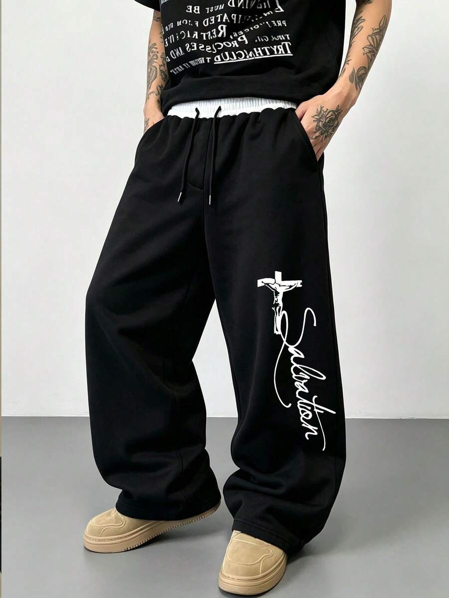 Spring/Autumn American Style Faux Double Layer Waist Wide Leg Sweatpants Men's Loose Straight Leg Drape High Street Solid Color Casual Long Pants - Black - View 1