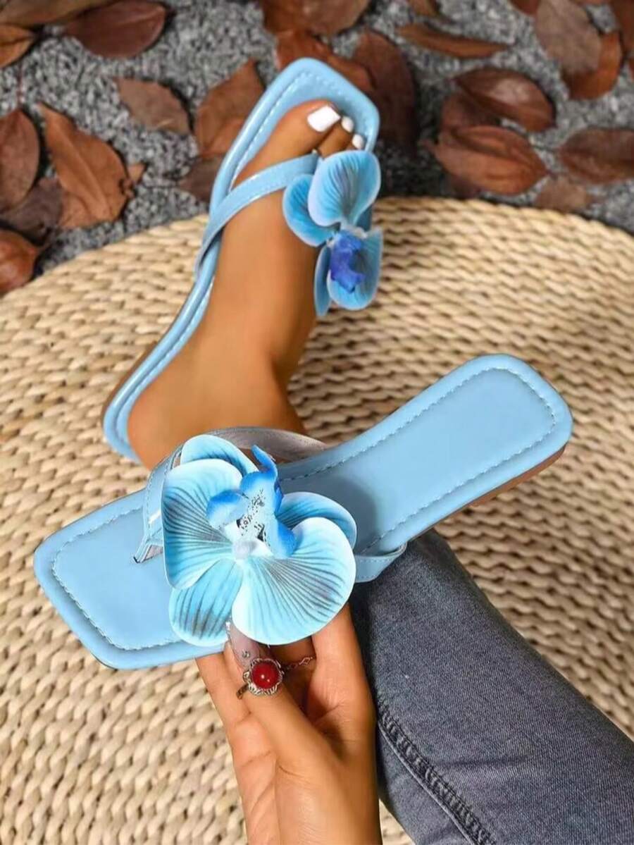 New 2026 Large Size European Style Summer Open Toe Artificial Flower Decor Women's Flat Sandals, Flip Flops, Flat Slippers