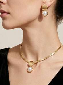 2pcs/Set Fashionable Exquisite High-End Geometric Round Earrings And Snake Bone Necklace, Suitable For Women's Party And Casual Wear - Golden Yellow/white - View 3