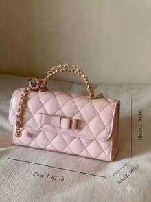 Minimalist Pink Quilted Handbag, Detachable Gold Chain Strap Bow Detail Shoulder Bag For Ladies Daily Formal Occasions - Pink - View 2