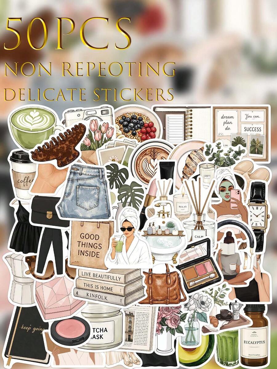 50PCS, Clean Girl Mobile Phone Stickers, Creative Aesthetic Design Sticker, PVC Material, Applicable, Mobile Phone Case, Mobile Phone, Tablet, Laptop, Suitcase, Kindle, Car, Book, Helmet, Notebook, Scrapbook Supplies, School Supplies - 50pcs - View 1