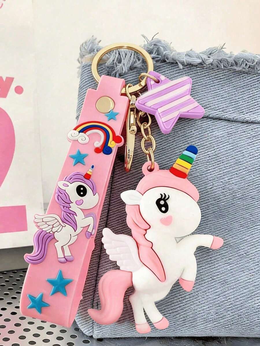 Creative Cartoon Keychain, Decorated With Cute Rainbow Unicorn And Gold Pendant, Can Be Hung On Backpack, Ideal Gift For Girls - one-size - View 1