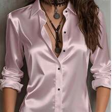 Blus Satin Elegan Wanita untuk Semua Musim, Warna Pink - Berwarna merah muda - View 4