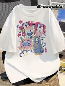 Men's 100% Short Sleeve T-Shirt With Playful Cartoon Print - Regular Fit Casual Summer Tee, Machine Washable Round Neck Top For Casual Attire, - White - View 6