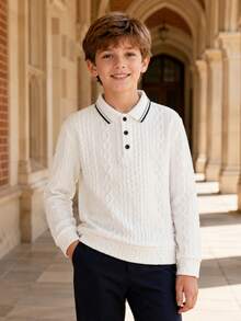 Tween Boy Casual Elegant Fashionable Handsome Textured Jacquard Fabric Long Sleeve POLO Shirt Suitable For Spring/Summer Season Suitable For Back To School Daily Outings Vacation - White - View 1