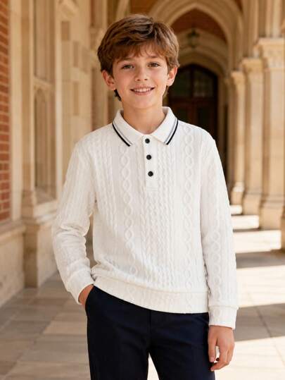 Tween Boy Casual Elegant Fashionable Handsome Textured Jacquard Fabric Long Sleeve POLO Shirt Suitable For Spring/Summer Season Suitable For Back To School Daily Outings Vacation