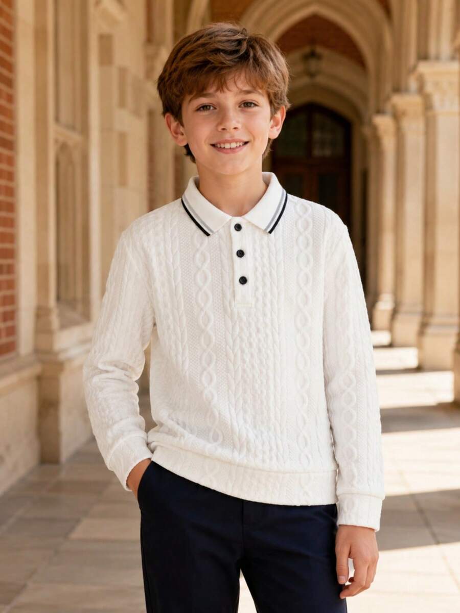 Tween Boy Casual Elegant Fashionable Handsome Textured Jacquard Fabric Long Sleeve POLO Shirt Suitable For Spring/Summer Season Suitable For Back To School Daily Outings Vacation - White - View 1