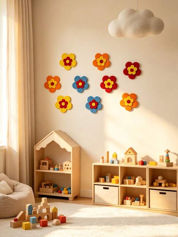 5pcs Cute Felt Flower Wall Stickers, Soft Floral Wall Decals, Suitable For Baby Room And Kids Room Decoration, Baby Room Decor, Baby Girl Supplies
