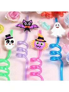 2pcs/Set Shiny Halloween Themed Straws, Made Of Durable And Reusable PET Material, Designed With Bat, Skull, Pumpkin And Witch Spider Patterns. Perfect For Birthday Parties And Spooky Halloween Party Gifts. - Multicolor - View 7