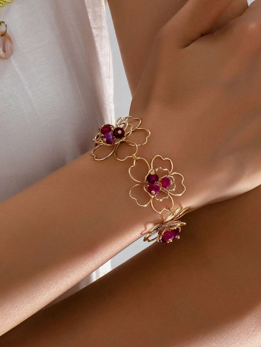 1pc Hollow Floral Design Rose Red Begonia Chain Bracelet, Unique Niche Design Bangle - Purple - View 1