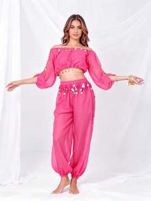 Professional Belly Dance Coin Fringe Halter Crop Top, Elastic Waist Dot Mesh Harem Pants For Dance Training, Cultural Shows And Competitions - Multicolor - View 6