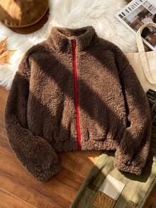 Autumn/Winter Soft Brown Short Fleece Stand Collar Jacket, Red Zipper Warm Wool, Soft And Skin-Friendly, Suitable For Outdoor Walking And More - Brown - View 2