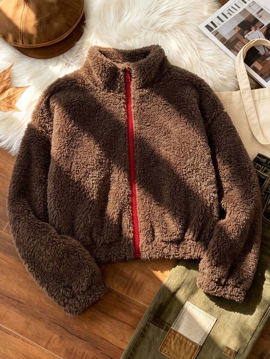 Autumn/Winter Soft Brown Short Fleece Stand Collar Jacket, Red Zipper Warm Wool, Soft And Skin-Friendly, Suitable For Outdoor Walking And More - Brown - View 1