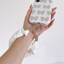1pc Solid Color Pleated Fabric Phone Wrist Lanyard Shiny Rhinestone Twisted Hand Strap Anti-Lost Phone Charm Keychain With Double Metal O Rings - Multicolor - View 2
