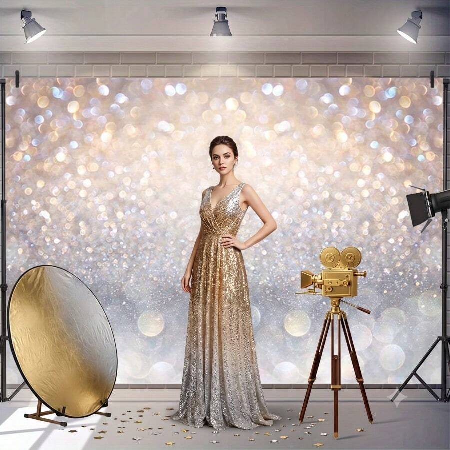 2 2d Flat Banner1pc Photography Background Has Blue And Gold Sparkles, But There Is No Real Flash. The Polyester Fiber Banner Background Is Very Suitable For Birthday Banner Background. - 1 - View 1