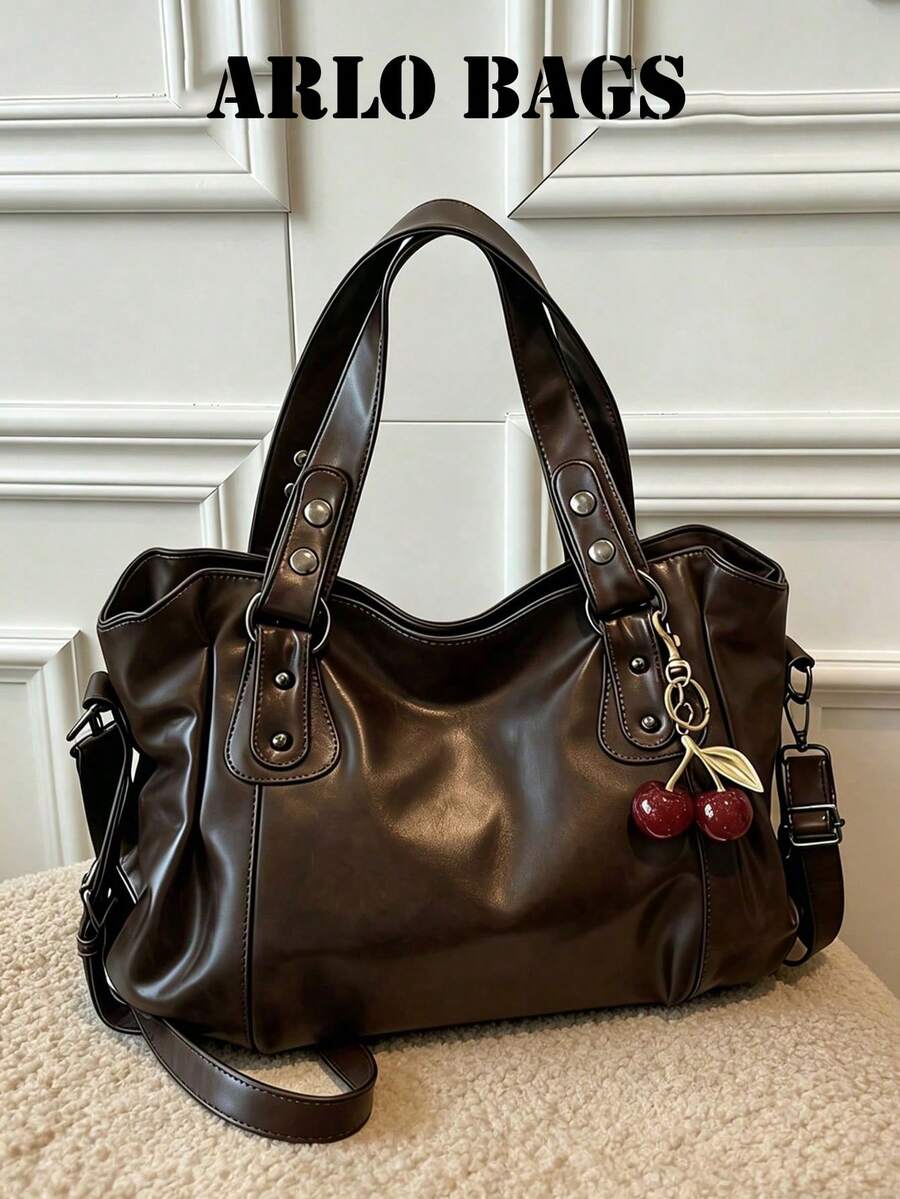 Minimalist Brown PU Tote Bag With Metal Rivet Strap Detail And Cherry Keychain, Lightweight Bag Suitable For School Weekend Outings - Coffee - View 1