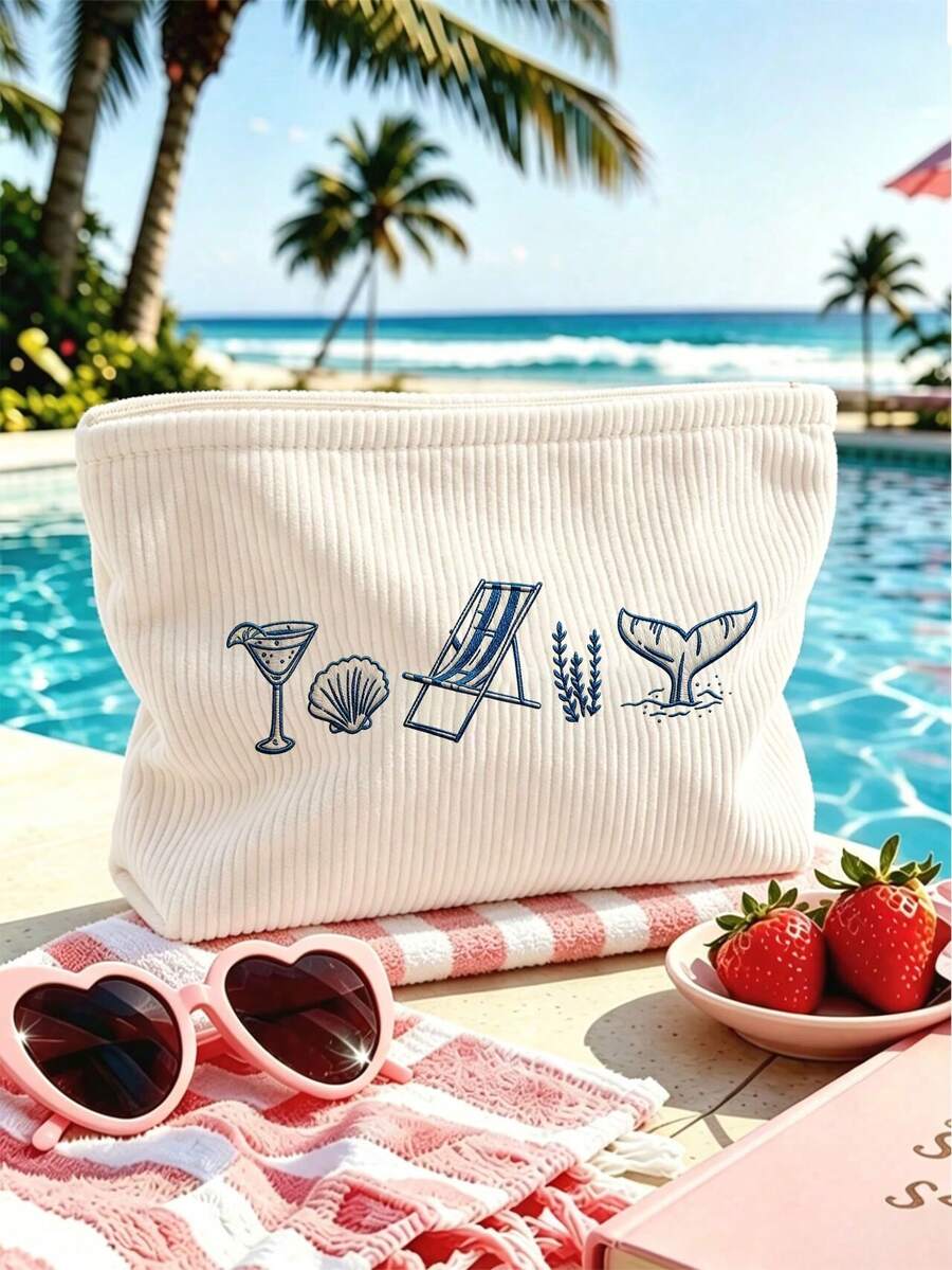 2D Flat Shell And Cocktail Pattern Beach Theme Printed Makeup Bag Travel Storage Pouch, Suitable For Beach, Swimming Pool, Swimwear, Travel Storage Bag, Makeup Bag, Cosmetic Bag, Vacation Storage Bag, Large Capacity Makeup Bag Can Hold Lipstick, Brushes, Skincare Products, Phone, Coins, Small Items, Multi-Purpose Home, Gift, Vacation And Holiday, Toiletry Bag, Student Makeup Bag, Halloween And Christmas Gift - Multicolor - View 1