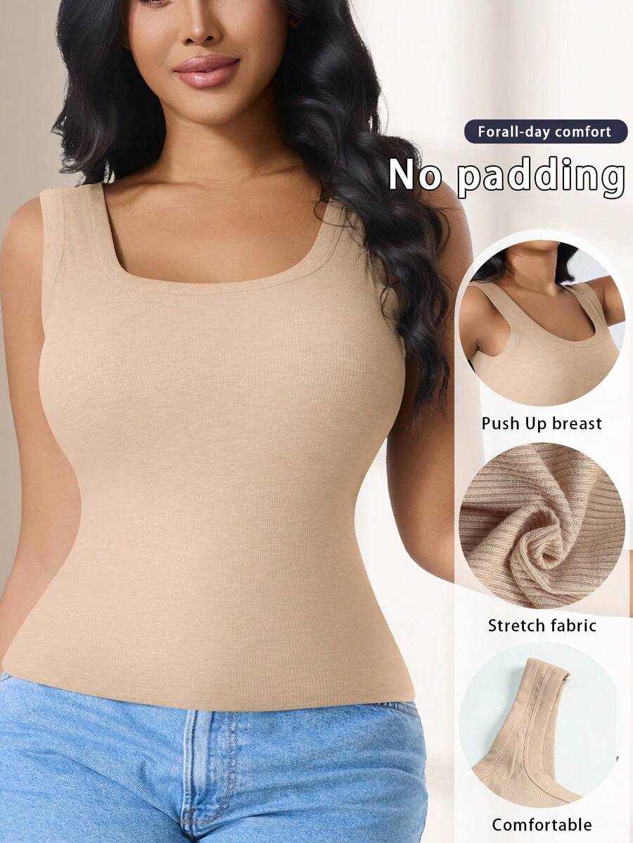 CELILIN Wide Strap Non-Constricting Square Neck Ribbed Waist Tank Top With Built-In Padding, Slimming Versatile Base Layer - Apricot - View 1