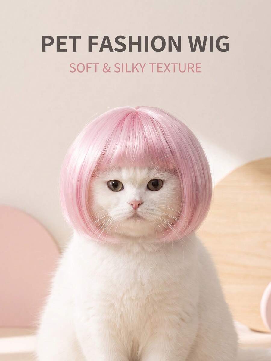 1pc Pet Cat Dog Wig, Pink Bangs Bob Hair Accessory, Suitable For Cats And Dogs To Wear, Applicable For Taking Funny Pet Photos, Attending Theme Parties, Birthday Parties And Daily Dress-Up - Baby Pink - View 1