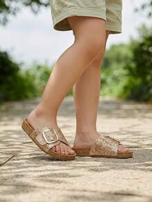 1 Pair Fashionable New Girls' Champagne Gold Glitter Single Strap Soft Sole Sandals, Adjustable Metal Buckle Slides, Summer Non-Slip Soft Sole Princess Slippers, Suitable For 3-16 Years Old Medium To Large Children Birthday Party, Beach Vacation, Beach Play, Versatile Outdoor Wear Sweet Style Casual Beach Shoes - Gold - View 10