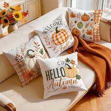 4 piezas Fundas de almohada con patrón de calabaza de otoño a cuadros naranjas sin rellenos, fundas de almohada impresas en un solo lado, adecuadas para sala de estar, dormitorio, decoración del hogar, fundas de almohada para todas las estaciones - Multicolor - Ver 10