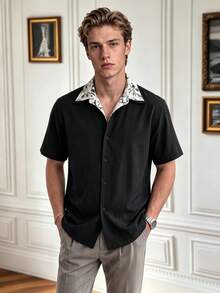 Men's Black Short Sleeve Shirt, Floral Print Collar, Casual Loose Fit Button-Up - Black - View 9