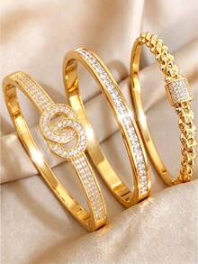 3pcs Assorted Styles Copper & Stainless Steel Bracelet Set, Gold-Plated Everyday Versatile Jewelry, Skin-Tone Friendly, Elegant Inlaid Stackable Bracelets, Brightening Effect, Exquisite Gift For Best Friend, Suitable For Various Style Outfits - Gold - View 8