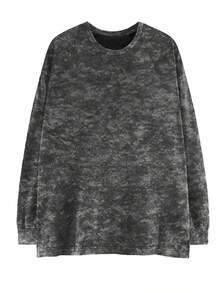 Kaos Lengan Panjang Leher Bulat Motif Tie-Dye Hitam Pudar untuk Wanita, Cocok untuk Musim Semi dan Gugur, Model Longgar, Bahu Jatuh, Panjang Sedang, Gaya Vintage, Pudar, Santai, Menarik, dan Serbaguna sebagai Lapisan Dasar. - Mencuci hitam - View 4