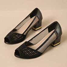 Women's High Heel Sandals Lace Mesh Hollow Out Peep Toe Chunky Heel Elegant Sophisticated Style - Black - View 2