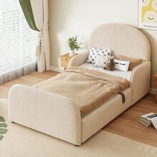 Children's Upholstered Bed 90x200 With Hydraulic Storage, Velvet Kids' Bed Frame With High Headboard - Beige - View 2