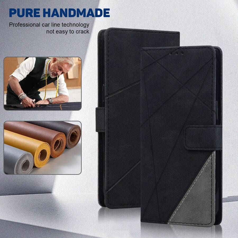 GLANDOTU Étui de téléphone en cuir PU patchwork triangulaire, support pliable style portefeuille, conception à fermeture magnétique, compatible avec de nombreuses marques et modèles de téléphones, imperméable, antichoc, anti-chute, anti-rayures, protection complète - Noir - Voir 1