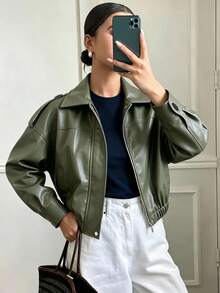Women's Vintage Solid Faux Leather Lapel Long Sleeve Zip Regular Length Bomber Jacket Outerwear For Business Office Home Vacation Spring Fall Winter - Army Green - View 9