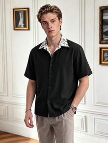 Men's Black Short Sleeve Shirt, Floral Print Collar, Casual Loose Fit Button-Up - Black - View 3