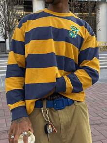 Men's American Vintage Colorblock Wide Stripe, Oversized Drop Shoulder Clean Fit Preppy Long Sleeve T-Shirt - Multicolor - View 1