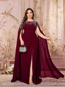 SUPGIR Round Neck Leaf Pattern Heavy Beaded Embroidery Decorated Elegant Chiffon Formal Evening Gown - Burgundy - View 4
