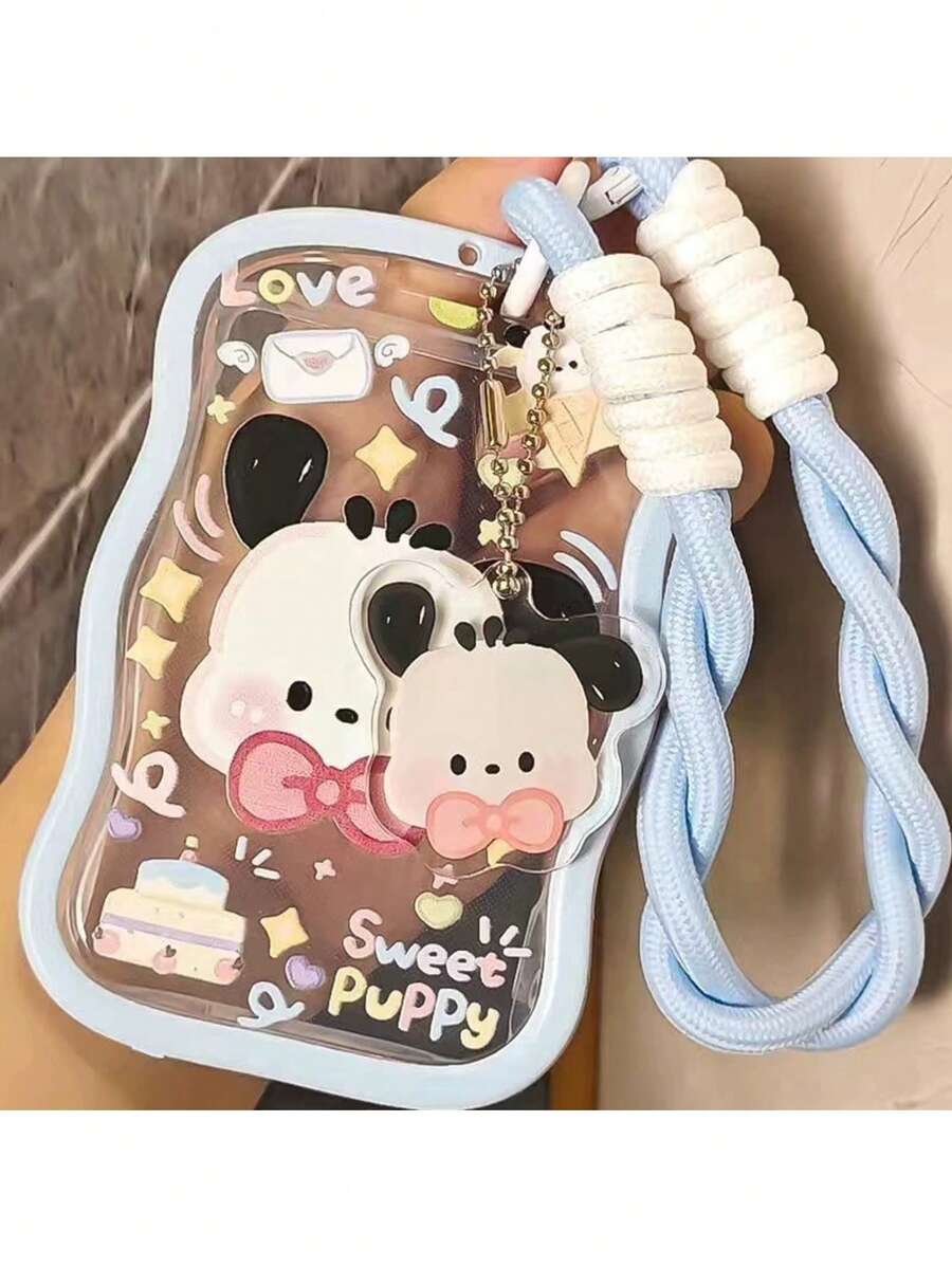 SANRIO Wave Edge Clear ID Card Holder With Braided Wrist Strap And Acrylic Charm, Made Of High-Quality Transparent Material, Scratch-Resistant And Durable. Fits Work ID, Student Cards, Bus Cards, Suitable For School, Office And Daily Carry. - View 1
